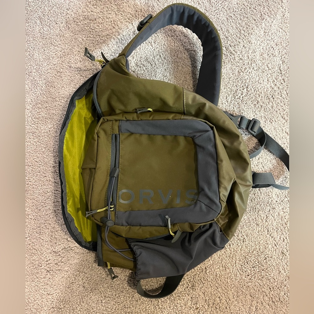Orvis one strap Green Backpack (used for fly fishing and skiing)